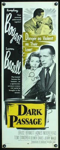 2h115 DARK PASSAGE insert R56 great close up of Humphrey Bogart with gun & sexy Lauren Bacall!