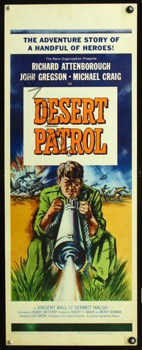 2h119 SEA OF SAND insert '62 Richard Attenborough, cool art of military soldier with huge gun!