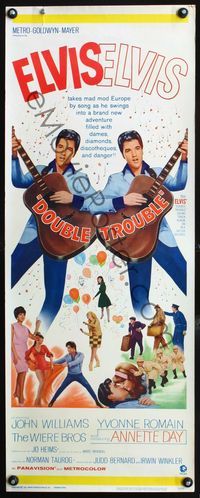 2h126 DOUBLE TROUBLE insert poster '67 cool mirror image of rockin' Elvis Presley playing guitar!