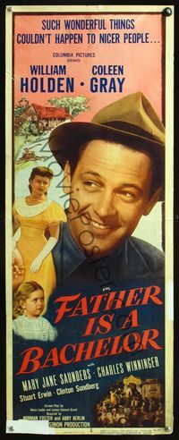 2h139 FATHER IS A BACHELOR insert '50 great close up image of smiling William Holden, Coleen Gray