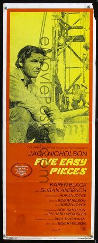 2h145 FIVE EASY PIECES insert movie poster '70 great image of Jack Nicholson, Bob Rafelson