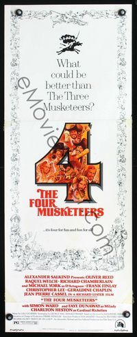 2h154 FOUR MUSKETEERS insert '75 Raquel Welch, Oliver Reed, cool different art by Jack Rickard!