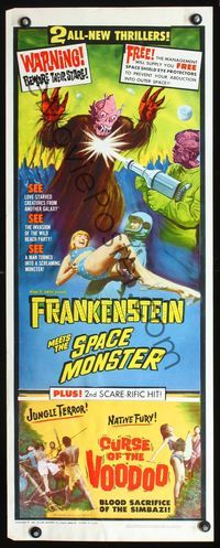 2h155 FRANKENSTEIN MEETS SPACE MONSTER/CURSE OF FLY insert movie poster '65 cool horror double-bill!