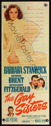 2h162 GAY SISTERS insert movie poster '42 sexy full-length image of bad sister Barbara Stanwyck!