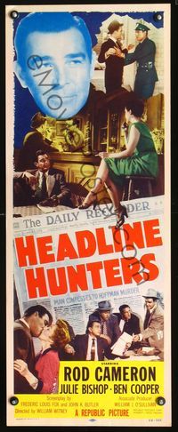2h182 HEADLINE HUNTERS insert movie poster '55 Rod Cameron, Julie Bishop, cool newspaper design!