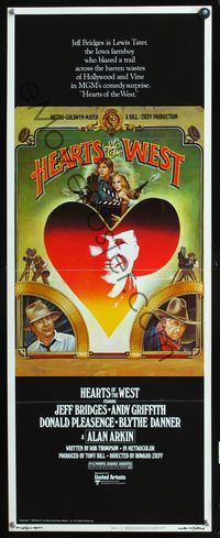 2h183 HEARTS OF THE WEST insert movie poster '75 Hollywood cowboy Jeff Bridges, art by Richard Hess!