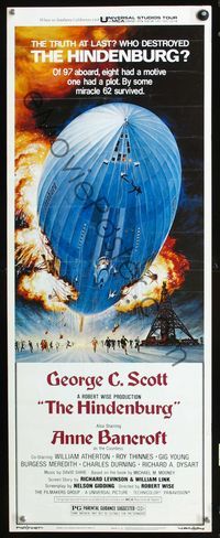 2h190 HINDENBURG insert '75 George C Scott, Anne Bancroft, cool art of zeppelin crashing down!