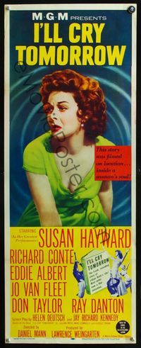 2h209 I'LL CRY TOMORROW insert movie poster '55 close up artwork of distressed Susan Hayward!