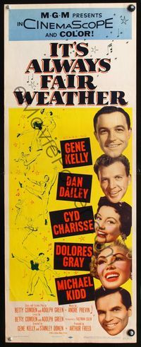 2h214 IT'S ALWAYS FAIR WEATHER insert poster '55 Gene Kelly, Cyd Charisse, Dan Dailey & Dolores Gray