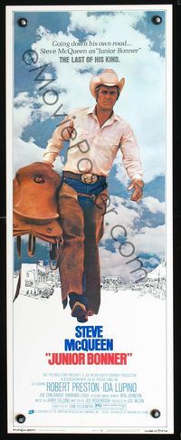 2h224 JUNIOR BONNER insert movie poster '72 full-length rodeo cowboy Steve McQueen carrying saddle!