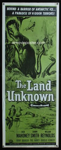 2h246 LAND UNKNOWN insert R64 paradise of hidden terrors, great artwork of dinosaurs by Ken Sawyer!