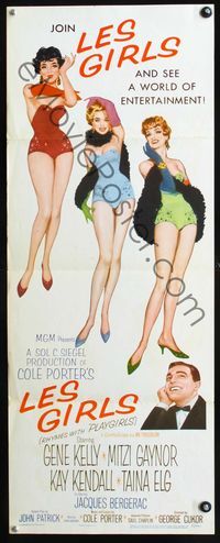2h259 LES GIRLS insert poster '57 Gene Kelly, art of sexy Mitzi Gaynor, Kay Kendall & Taina Elg!
