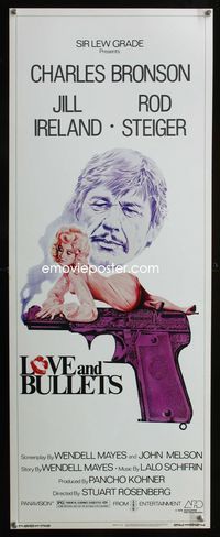 2h282 LOVE & BULLETS insert poster '79 Charles Bronson, art of sexy Jill Ireland laying on gun!
