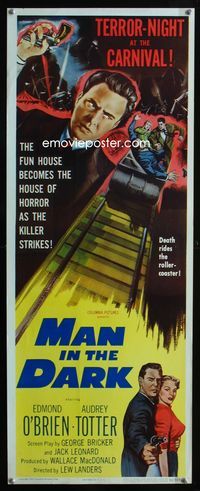 2h302 MAN IN THE DARK insert movie poster '53 2-D, cool carnival rollercoaster artwork!