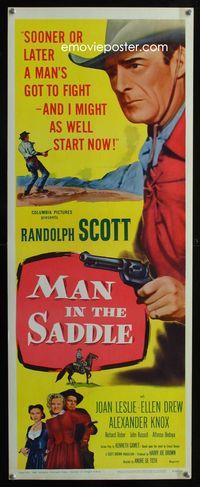 2h304 MAN IN THE SADDLE insert movie poster R59 cool close up art of Randolph Scott pointing gun!