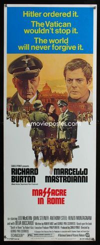 2h317 MASSACRE IN ROME insert movie poster '73 artwork of Richard Burton & Marcello Mastroianni!