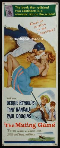 2h319 MATING GAME insert poster '59 Debbie Reynolds & Tony Randall are fooling around in the hay!