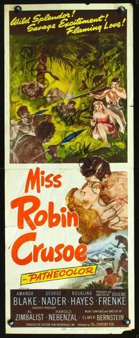 2h329 MISS ROBIN CRUSOE insert poster '53 great jungle artwork, savage excitement, flaming love!