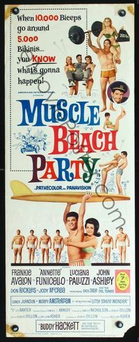 2h340 MUSCLE BEACH PARTY insert movie poster '64 Frankie & Annette, 10,000 biceps & 5,000 bikinis!