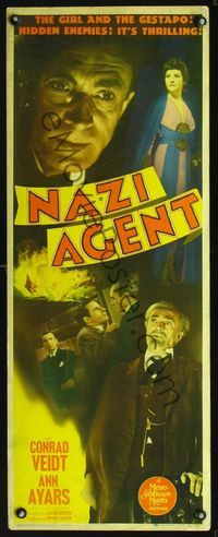 2h349 NAZI AGENT insert movie poster '42 great close up of evil Gestapo agent Conrad Veidt!