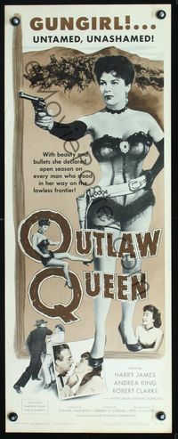 2h370 OUTLAW QUEEN insert '57 sexy Andrea King pointing gun & band leader Harry James as cowboy!