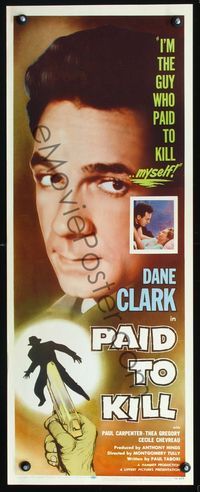 2h372 PAID TO KILL insert movie poster '54 Dane Clark is the guy who paid to kill himself!