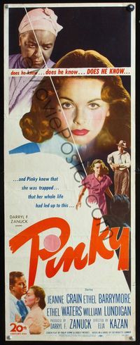 2h384 PINKY insert movie poster '49 classic half-white/half-black Jeanne Crain, Ethel Waters