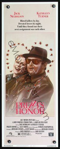 2h394 PRIZZI'S HONOR insert movie poster '85 cool art of smoking Jack Nicholson & Kathleen Turner!