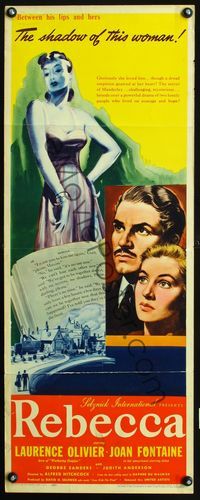 2h001 REBECCA insert movie poster '40 Alfred Hitchcock, art of Laurence Olivier & Joan Fontaine!