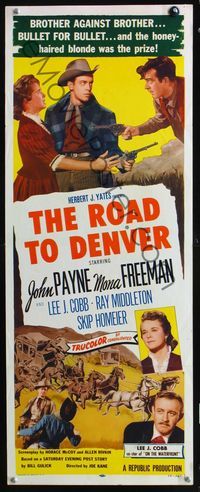 2h417 ROAD TO DENVER insert movie poster '55 great art of stage coach & John Payne in Colorado!