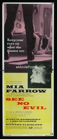 2h433 SEE NO EVIL insert movie poster '71 keep your eyes on what blind Mia Farrow cannot see!