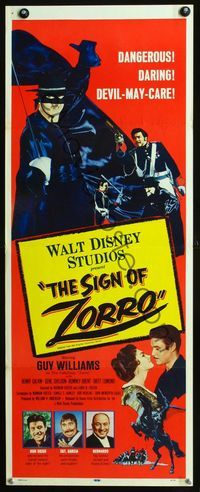 2h440 SIGN OF ZORRO insert movie poster '60 Walt Disney, great artwork of masked hero Guy Williams!
