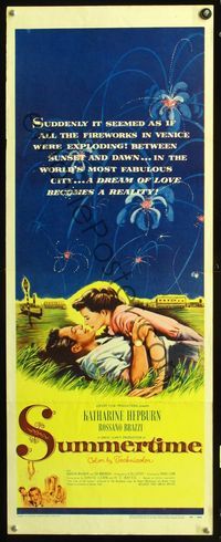 2h473 SUMMERTIME insert '55 romantic artwork of Katharine Hepburn & Rossano Brazzi laying in grass!