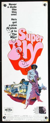 2h476 SUPER FLY insert '72 great artwork of Ron O'Neal with car & girl sticking it to The Man!