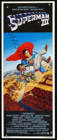 2h477 SUPERMAN III insert poster '83 art of Christopher Reeve flying with Richard Pryor by L. Salk!