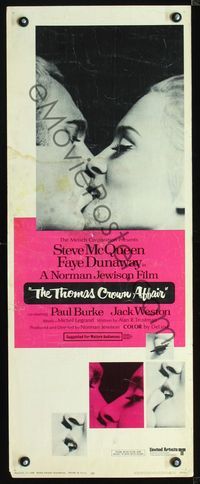 2h502 THOMAS CROWN AFFAIR insert movie poster '68 Steve McQueen & Faye Dunaway kiss close up!