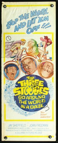 2h504 THREE STOOGES GO AROUND THE WORLD IN A DAZE insert movie poster '63 Moe, Larry, Curly-Joe!