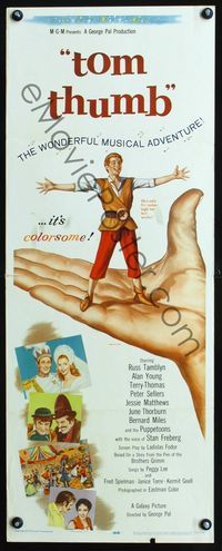 2h513 TOM THUMB insert poster '58 George Pal, great artwork of tiny Russ Tamblyn by Reynold Brown!
