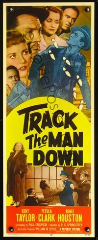 2h517 TRACK THE MAN DOWN insert movie poster '55 detective Kent Taylor, Petula Clark