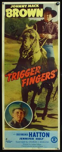 2h520 TRIGGER FINGERS insert poster '46 great full-length image of Johnny Mack Brown on horseback!