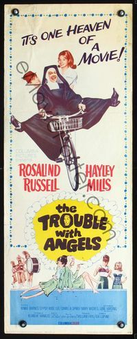 2h521 TROUBLE WITH ANGELS insert poster '66 art of Hayley Mills on bike with nun Rosalind Russell!