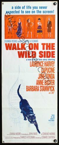 2h532 WALK ON THE WILD SIDE insert poster '62 artwork of sexy Jane Fonda, Capucine, & black cat!