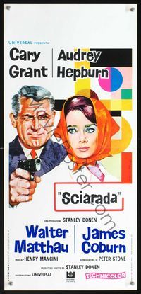 2h591 CHARADE Italian locandina movie poster R69 Cary Grant, Audrey Hepburn, cool art by Valceseughi