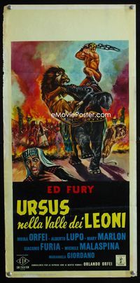 2h725 URSUS IN THE VALLEY OF LIONS Italian locandina movie poster '61 Moz art of Ed Fury vs lion!