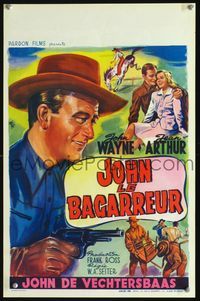 2j196 LADY TAKES A CHANCE Belgian poster R50s great art of John Wayne with gun & Jean Arthur by Wik!