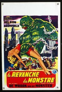 2j252 REVENGE OF THE CREATURE Belgian '55 cool different art of chained monster holding sexy girl!
