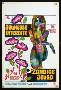 2j286 TEENAGERS Belgian movie poster '68 wild art of sexy painted girl with psychedelic tattoos!