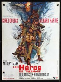2j472 HEROES OF TELEMARK French 23x32 '66 art of Kirk Douglas & Richard Harris by Jean Mascii!