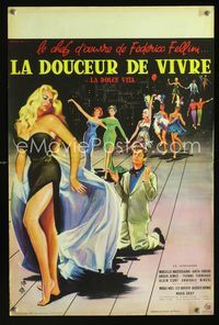 2j546 LA DOLCE VITA French 15x21 '61 Fellini, different art of Mastroianni & sexy Ekberg by Thos!