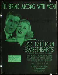 2k545 20 MILLION SWEETHEARTS movie sheet music '34 close up of Ginger Rogers & Dick Powell singing!